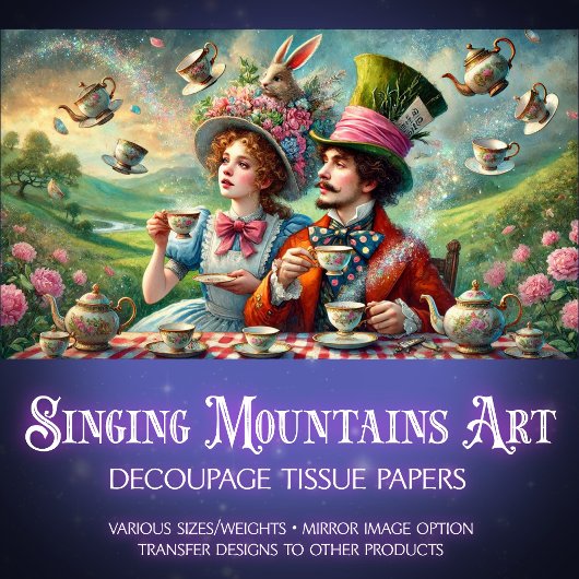 Wonderland Fantasy Tea Mad Hatter Alice Decoupage Tissuepapier