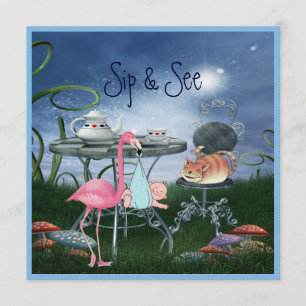 Wonderland Flamingo Sip & See Boy Baby shower Kaart