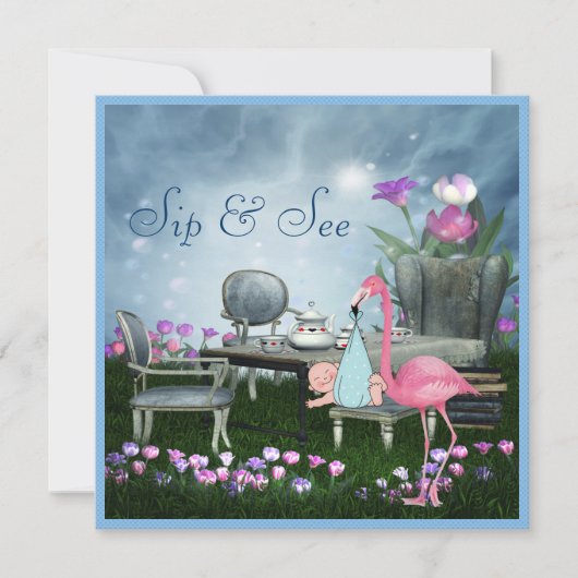 Wonderland Flamingo Sip & See Boy Baby shower Kaart (Voorkant)