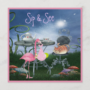 Wonderland Flamingo Sip & See Girl Baby shower Kaart
