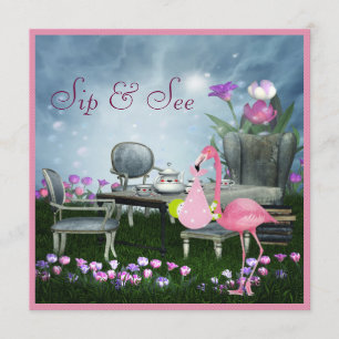 Wonderland Flamingo Sip & See Girl Baby shower Kaart