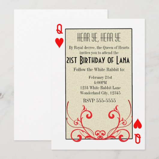 Wonderland Hartenvrouw Kaart Uitnodiging (Voorkant / Achterkant)