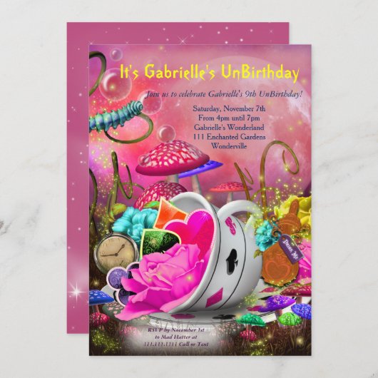 Wonderland Invitations, Wonderland Party Kaart (Voorkant / Achterkant)