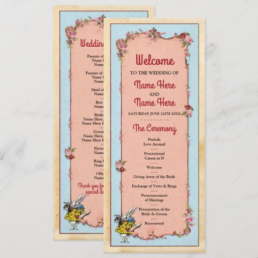 Wonderland Konijn Bloemige Huwelijksprogramma Deta Kaart (Voorkant / Achterkant)