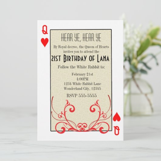 Wonderland Koningin van Harten Kaart Uitnodiging (Staand voorkant)