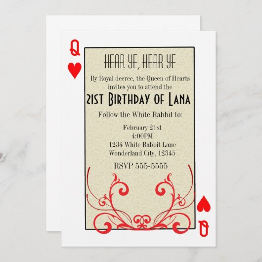 Wonderland Koningin van Harten Kaart Uitnodiging (Voorkant / Achterkant)