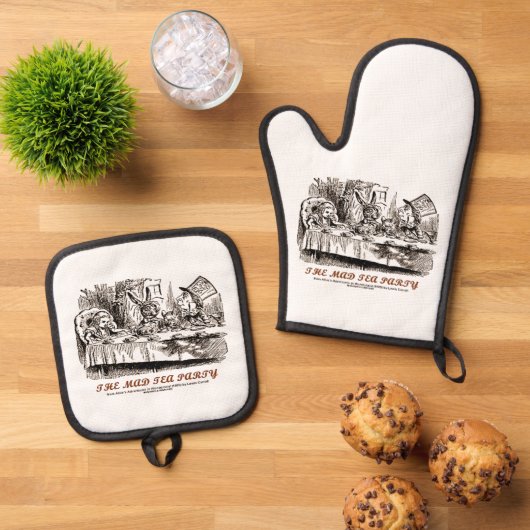 Wonderland Mad Tea Party Alice Rabbit Mad Hatter Ovenwant & Pannenlap Set (Top down)