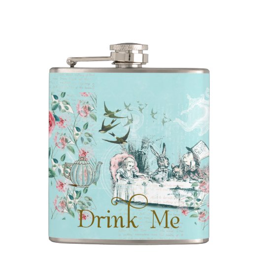 Wonderland Mad Tea Party Aqua Pink Flask Heupfles (Voorkant)