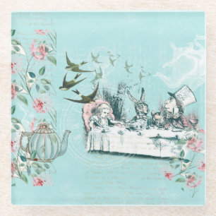 Wonderland Mad Tea Party Aqua Pink Glass Onderzett Glazen Onderzetter