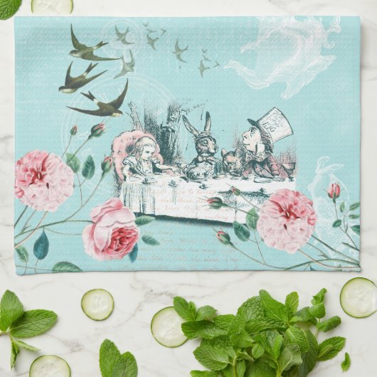 Wonderland Mad Tea Party Aqua Pink Tea Towel Theedoek (Gevouwen)