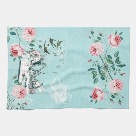 Wonderland Mad Tea Party Aqua Pink Tea Towel Theedoek (Horizontaal)