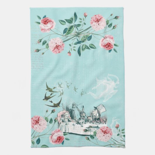 Wonderland Mad Tea Party Aqua Pink Tea Towel Theedoek (Verticaal)