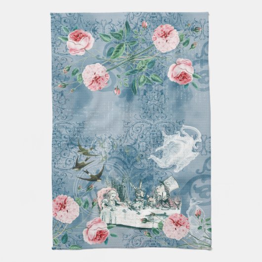 Wonderland Mad Tea Party Blue Pink Tea Towel Theedoek (Verticaal)