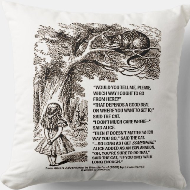 Wonderland op welke manier ik het citaat zou moete kussen (Throw pillow featuring infamous conversation between Alice & Cheshire Cat for the directionless!)