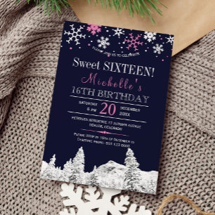 Wonderland sneeuwvlokken winter roze sweet sixteen kaart