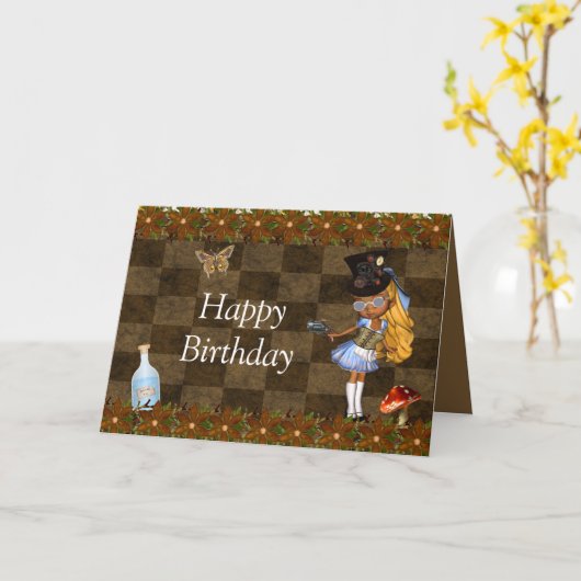 Wonderland Steampunk Birthday Party Kaart (Gele Bloem)