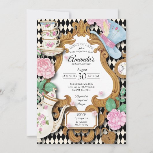 Wonderland Tea Party Birthday Invitation Kaart (Voorkant)