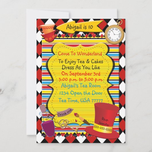 Wonderland Tea Party Birthday Invitation Kaart (Voorkant)
