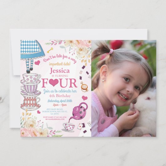 Wonderland Verjaardag 4e Tea Party Vier Meisjes Fo Kaart (Voorkant)