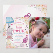 Wonderland Verjaardag 4e Tea Party Vier Meisjes Fo Kaart (Voorkant / Achterkant)