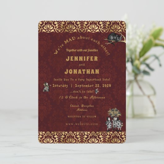 Wonderland Whimsy Gold, Black Wedding Invitation Kaart (Staand voorkant)
