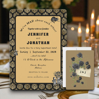 Wonderland Whimsy Gold, Black Wedding Invitation Kaart