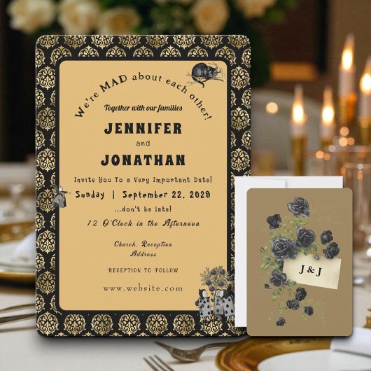 Wonderland Whimsy Gold, Black Wedding Invitation Kaart