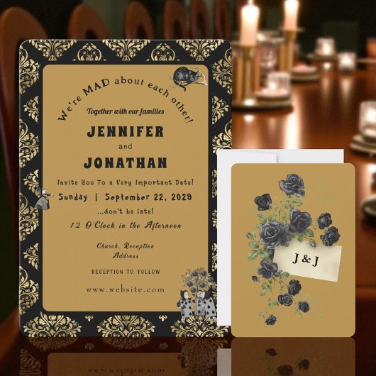 Wonderland Whimsy Gold, Black Wedding Invitation Kaart