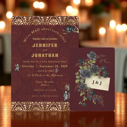 Wonderland Whimsy Gold, Black Wedding Invitation Kaart