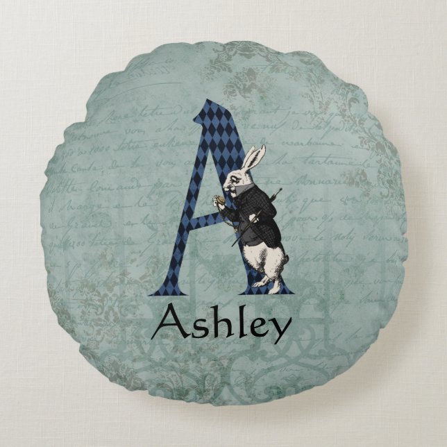 Wonderland White Rabbit Letter A Rond Kussen (Voorkant)