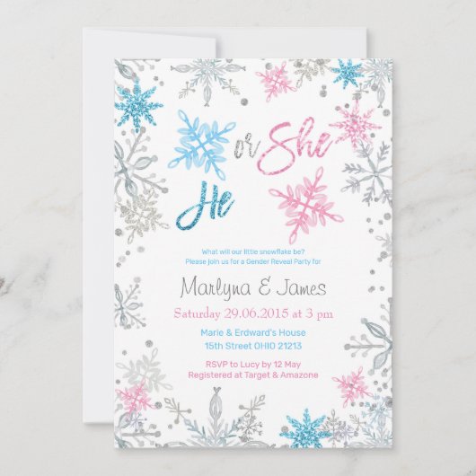 Wonderland Winter Snowflake Geslacht Reveal Uitnod Kaart (Voorkant)