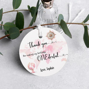 WONderlijke roze wereldkaart meisje 1e verjaardag Bedankjes Labels