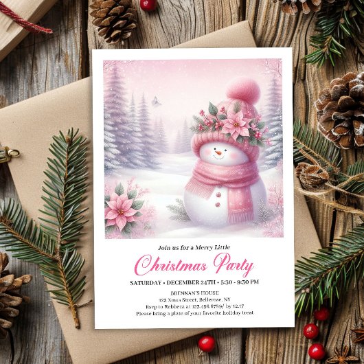 Wonderous Pink Snowman Editable Christmas Invite Kaart