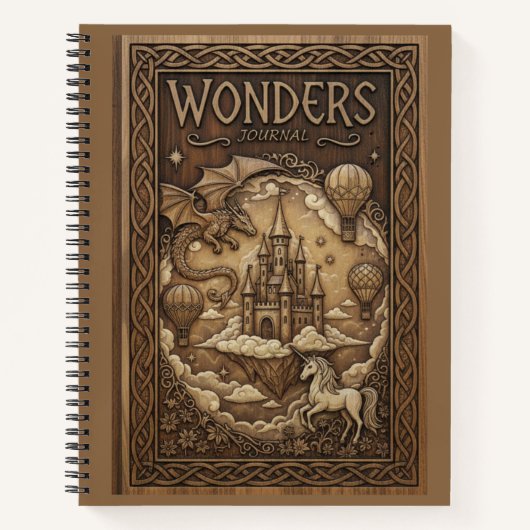 Wonders Journal Fantasy Dragon Unicorn Wood Carved Notitieboek (Voorkant)