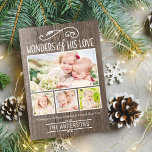 Wonders of His Love Rustic Christmas Photo Collage Feestdagenkaart<br><div class="desc">De feestelijke multifotokaart van de Robuuste stijl biedt een witte decoratieve "Wonders of Zijne Liefde"-typografie met rolontwerpaccenten en aangepaste tekst op een grijze/bruine wethered wood achtergrond. Pas uw vier (4) favoriete familiefoto's aan. Op de achterkant van de platte kaart staat een ruitvormig patroon over de structuur van de houtwalk.</div>