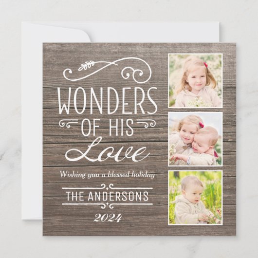 Wonders of His Love Rustic Kerst Foto Collage Feestdagenkaart (Voorkant)