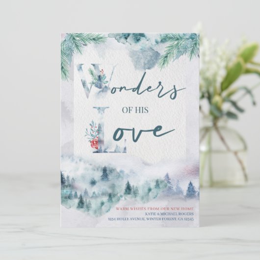 Wonders of Zijne Liefde New Home Waterverf Forest Aankondiging (Staand voorkant)