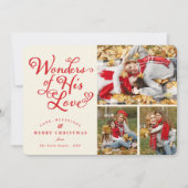 Wonders of Zijne Liefde Religieuze Kerstmis 3 Foto Feestdagenkaart (Voorkant)