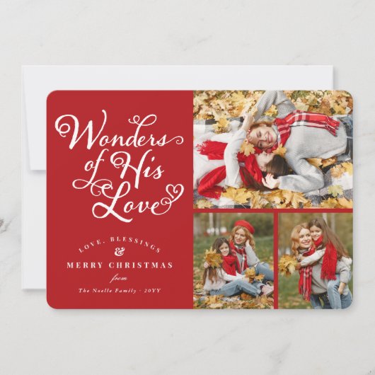 Wonders of Zijne Liefde Religieuze Kerstmis 3 Foto Feestdagenkaart (Voorkant)