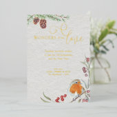 Wonders van zijn liefdeskerstRobin en Pine Gold Folie Feestdagenkaart (Staand Voorkant)