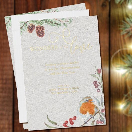 Wonders van zijn liefdeskerstRobin en Pine Gold Folie Feestdagenkaart