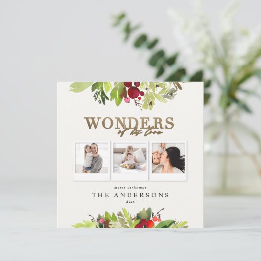 Wonders van zijn liefdesmulti-foto goudfoliage feestdagenkaart (Staand voorkant)