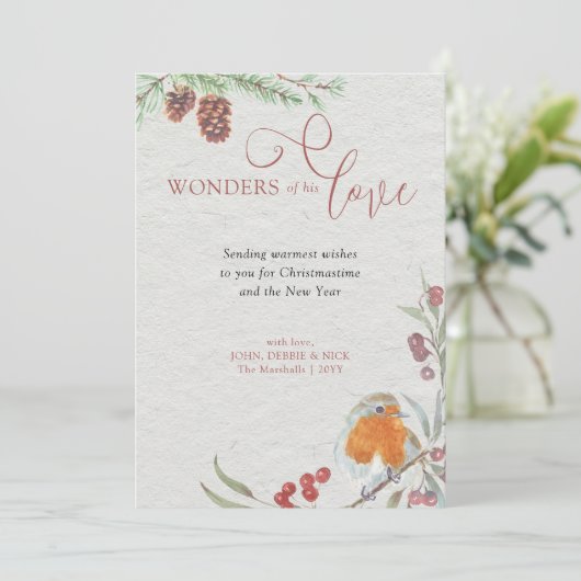 Wonders van zijn Love KerstRobin en Pine Feestdagenkaart (Staand voorkant)