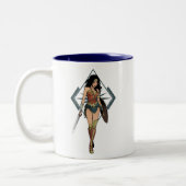 Wondervrouw met zwaardstripkunst tweekleurige koffiemok (Links)