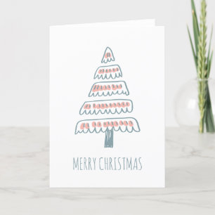 Wondige kerstboom tekening roze en turquoise feestdagen kaart
