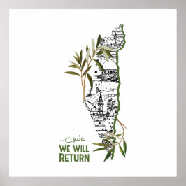 Woningen binnen de kaart, omarmd door olijftakken poster