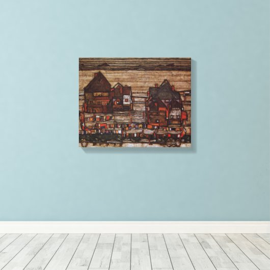 Woningen met wasgoed van Egon Schiele Canvas Afdruk (Insitu (Houten vloer))