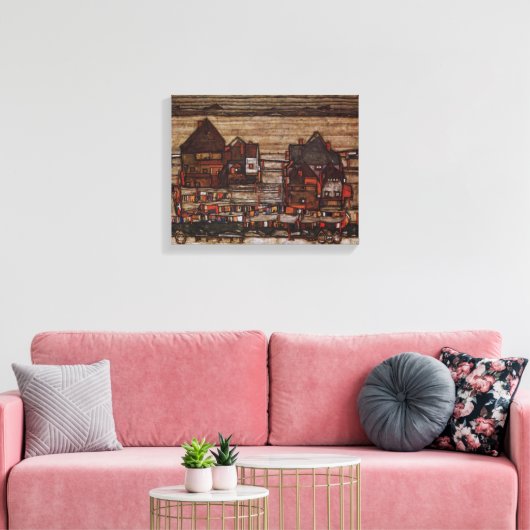 Woningen met wasgoed van Egon Schiele Canvas Afdruk (Insitu (Woonkamer))