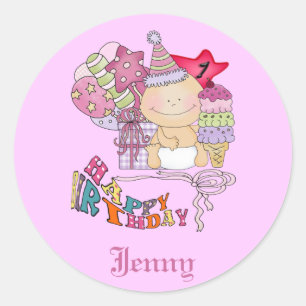 Wonky Happy Birthday Girl 1 jaar oud Ronde Sticker