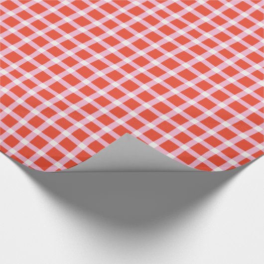 Wonky Red en Pink Gingham met kerst Picnic Cadeaupapier (Hoek)